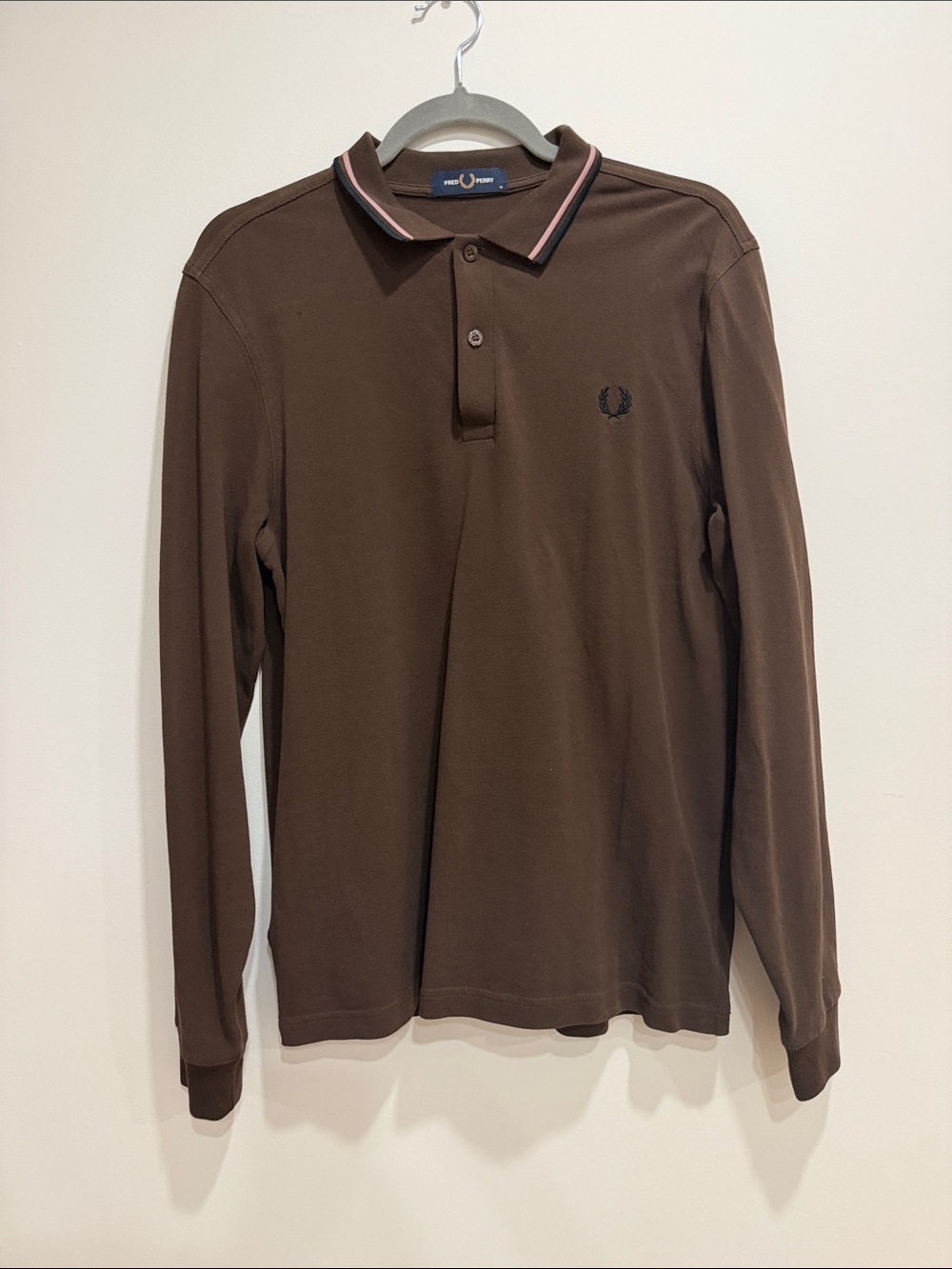 Fred Perry Brown Long-Sleeve Polo with Contrast Stripe Collar